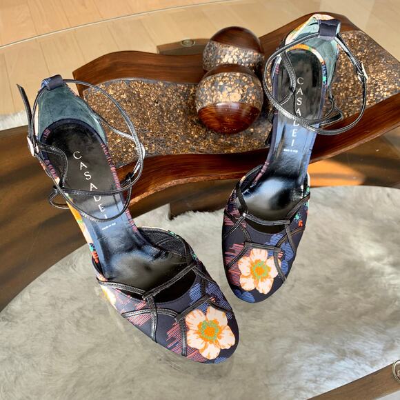 Casadei Floral Print with Leather Trim Evening Shoes Size 7 - Picture 14 of 14